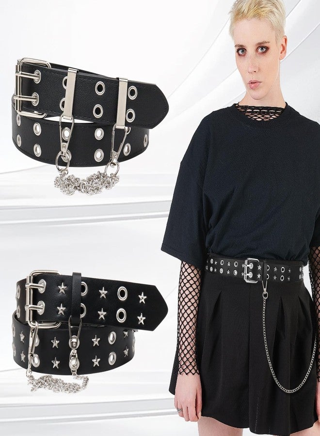 YOGEYOGE Studded Belt, Y2K Belt with Chain Star Belt Black Belt Women Goth Belt Punk Double Grommet Belt for Women Men - Image 3